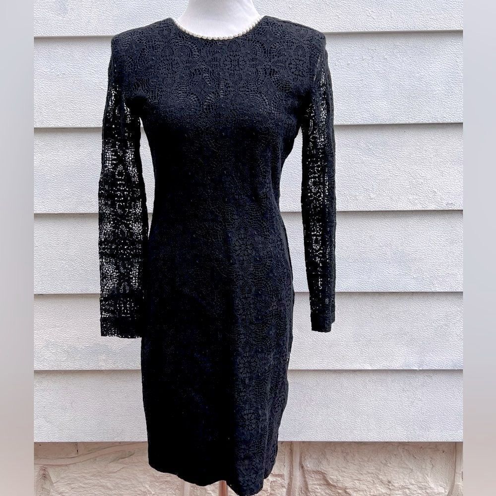 *** Samuel Blue Vintage Black Lace Dress Embellished With White Pearls (G)